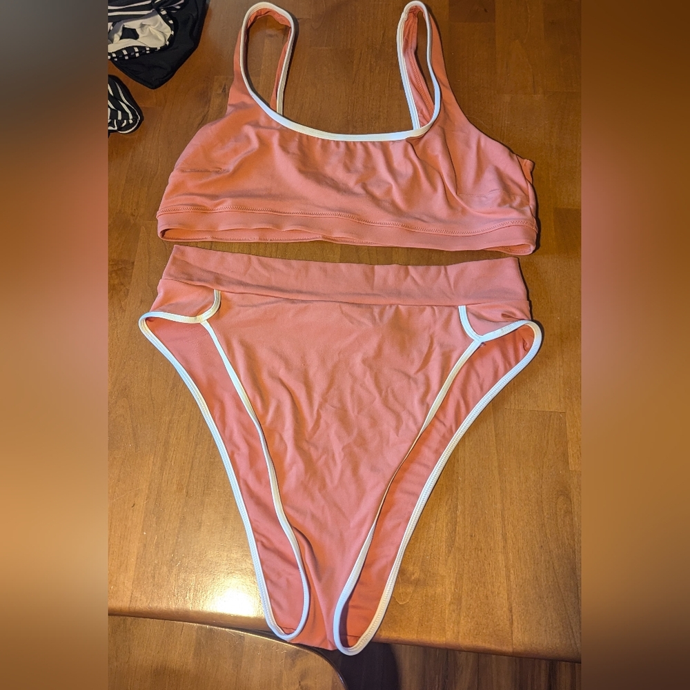 aerie Coral High-Waist Bikini Set with White Trim